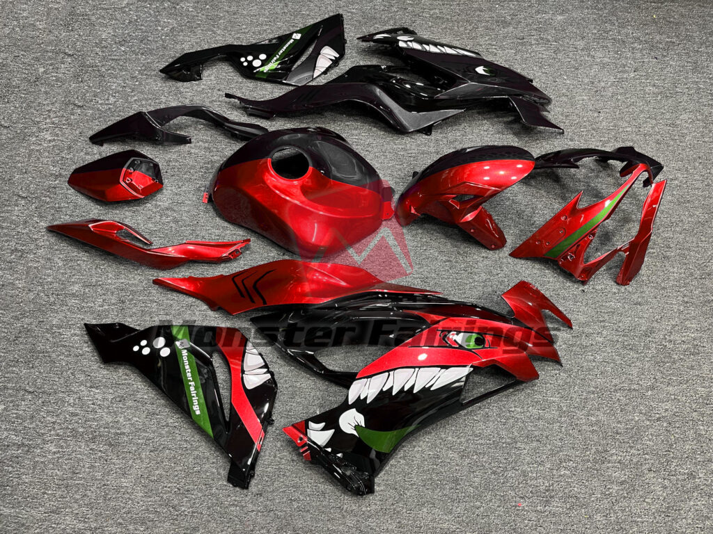 2019 - 2023 Kawasaki ZX6R Gloss Red & Black Shark Split fairing set - ABS injection, custom painted by Monster Fairings