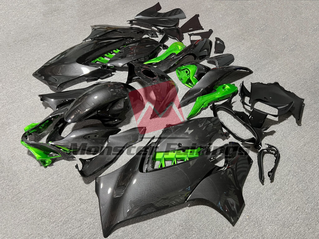 Gloss Carbon Fiber with Green ABS fairings for Suzuki GSXR 1300 2021 - 2025 - premium OEM fit kit by Monster Fairings