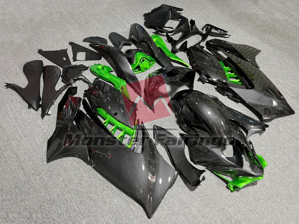 2021 - 2025 Suzuki GSXR 1300 Gloss Carbon Fiber with Green fairing set - ABS injection, custom painted by Monster Fairings