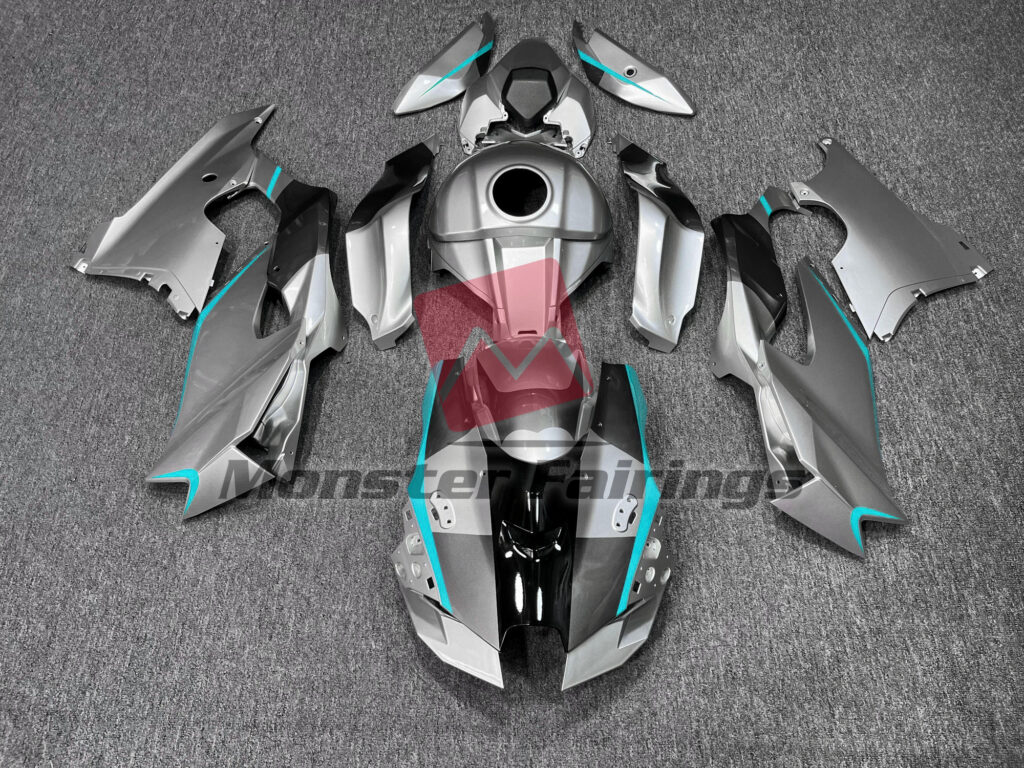 Kawasaki ZX10R 2021 - 2025 Gloss Silver with Aqua Accents ABS fairings - custom motorcycle bodywork kit by Monster Fairings