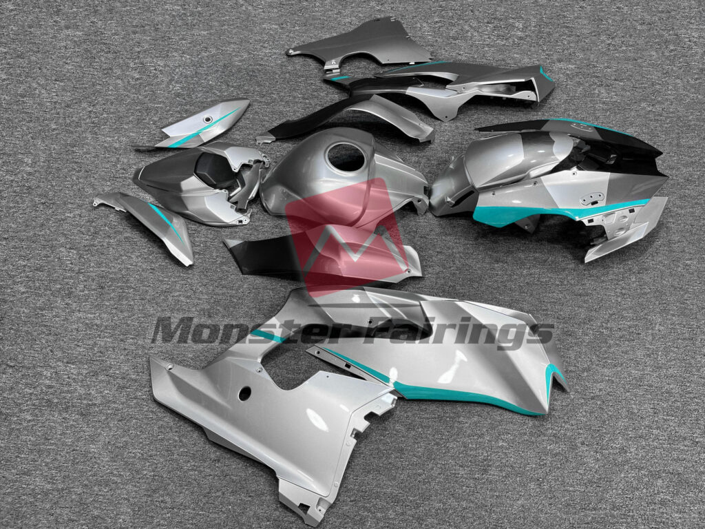 2021 - 2025 Kawasaki ZX10R Gloss Silver with Aqua Accents fairing set - ABS injection, custom painted by Monster Fairings