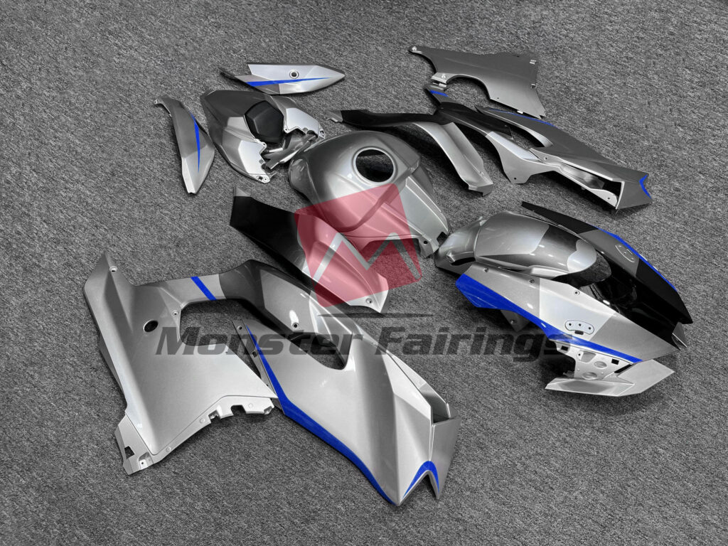 Kawasaki ZX10R custom ABS fairings 2021 - 2025 in Gloss Silver with Blue - durable replacement kit, Monster Fairings