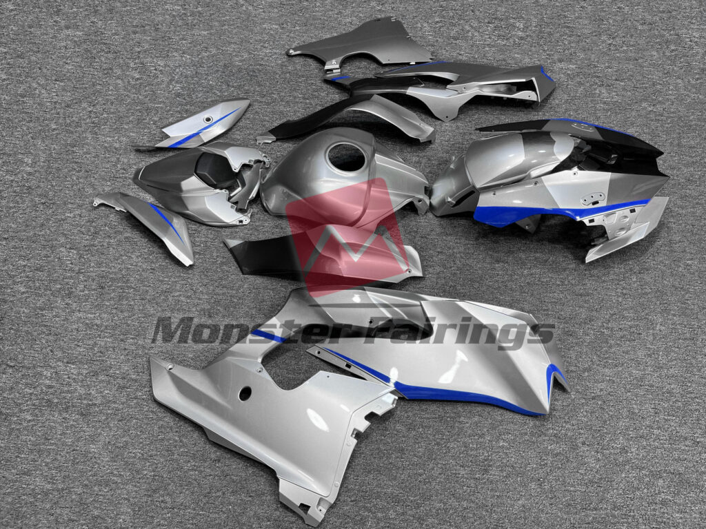 2021 - 2025 Kawasaki ZX10R Gloss Silver with Blue fairing set - ABS injection, custom painted by Monster Fairings