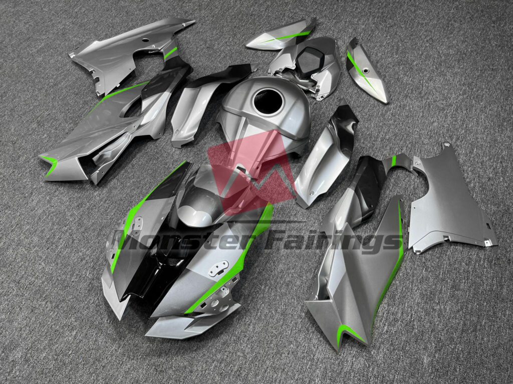 Gloss Silver with Green Accents ABS fairings for Kawasaki ZX10R 2021 - 2025 - premium OEM fit kit by Monster Fairings