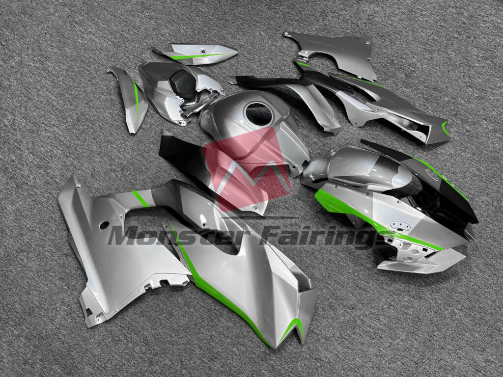 Kawasaki ZX10R custom ABS fairings 2021 - 2025 in Gloss Silver with Green Accents - durable replacement kit, Monster Fairings