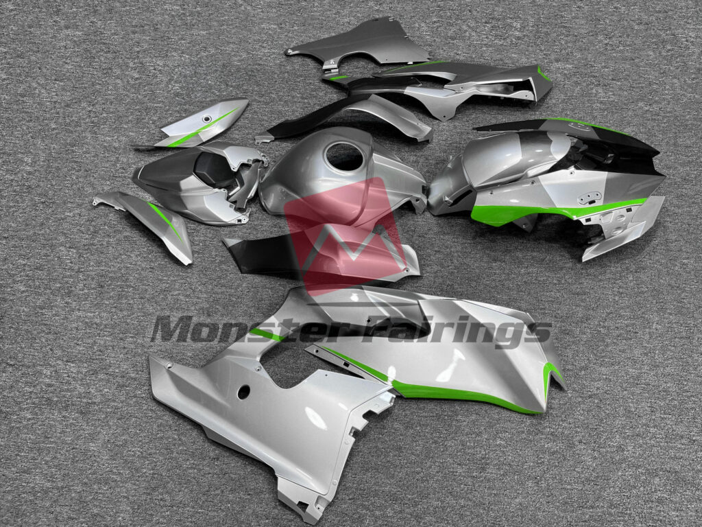 2021 - 2025 Kawasaki ZX10R Gloss Silver with Green Accents fairing set - ABS injection, custom painted by Monster Fairings