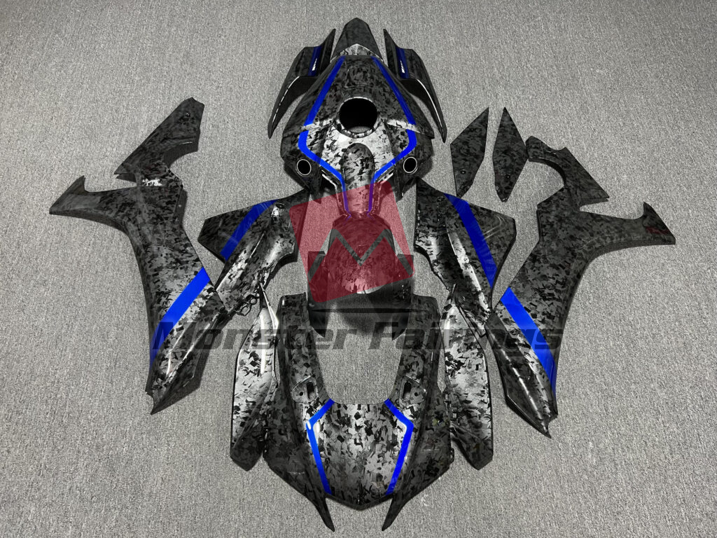 Yamaha R1 2020 - 2025 Gloss Forged Carbon Fiber Style with Blue ABS fairings - custom motorcycle bodywork kit by Monster Fairings