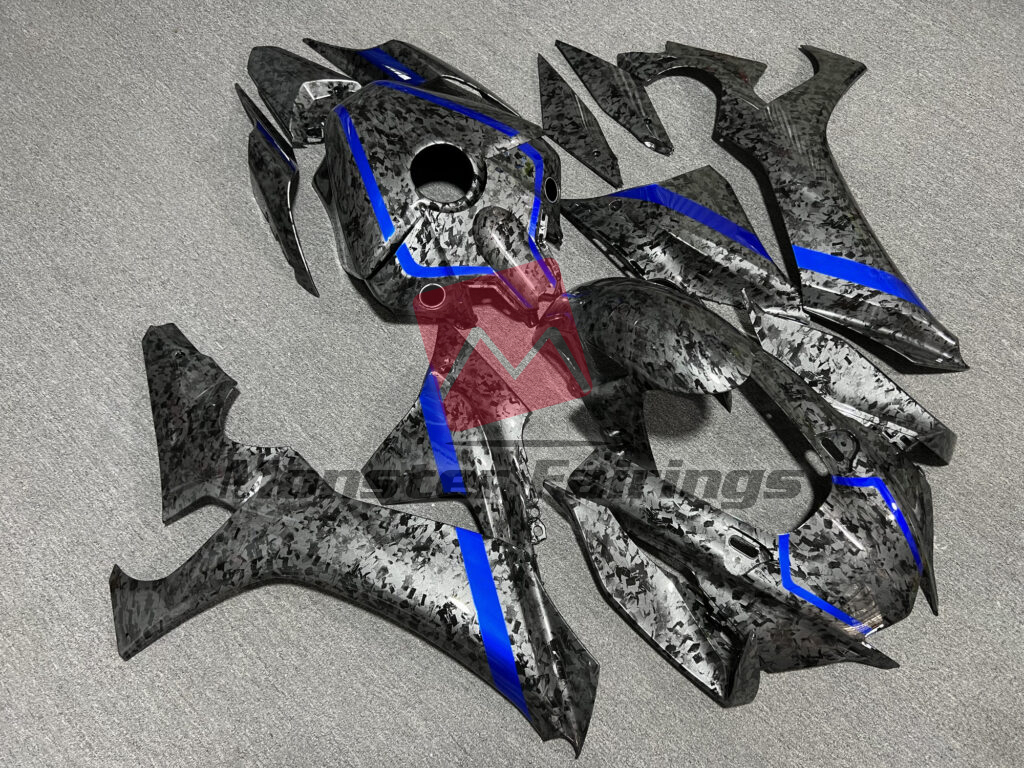 Gloss Forged Carbon Fiber Style with Blue ABS fairings for Yamaha R1 2020 - 2025 - premium OEM fit kit by Monster Fairings
