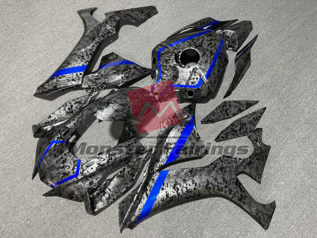 Yamaha R1 custom ABS fairings 2020 - 2025 in Gloss Forged Carbon Fiber Style with Blue - durable replacement kit, Monster Fairings