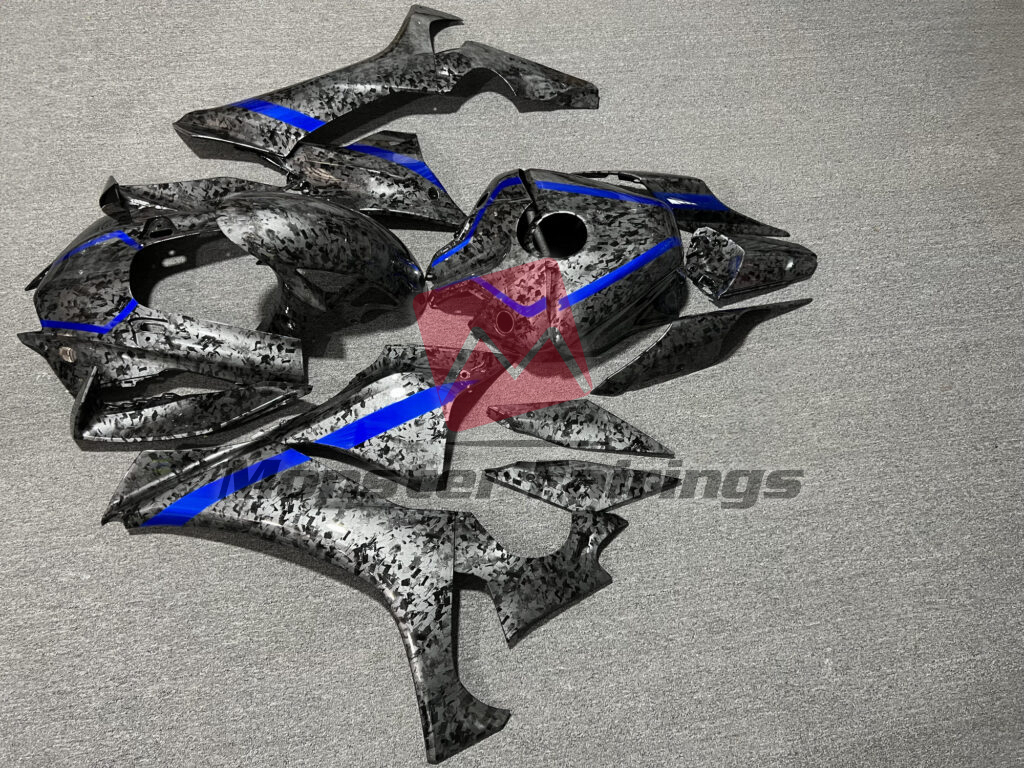 2020 - 2025 Yamaha R1 Gloss Forged Carbon Fiber Style with Blue fairing set - ABS injection, custom painted by Monster Fairings