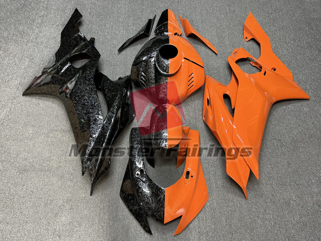 Yamaha R6 2017 - 2022 Gloss Forged Carbon Fiber & Orange Split ABS fairings - custom motorcycle bodywork kit by Monster Fairings