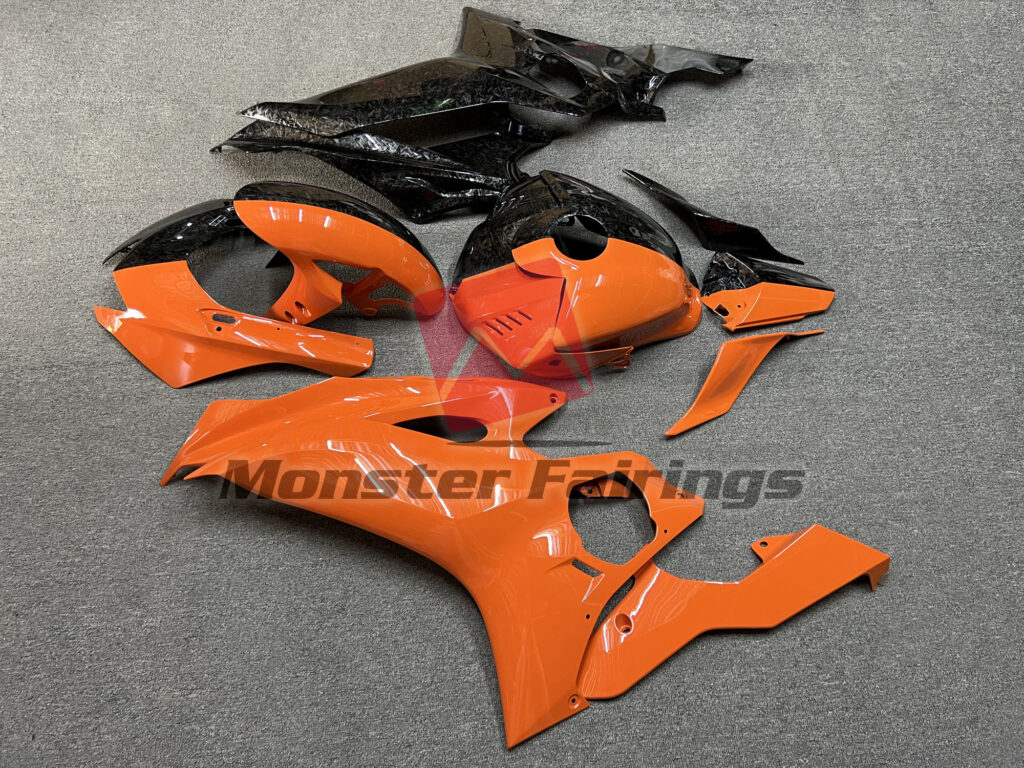 Yamaha R6 custom ABS fairings 2017 - 2022 in Gloss Forged Carbon Fiber & Orange Split - durable replacement kit, Monster Fairings