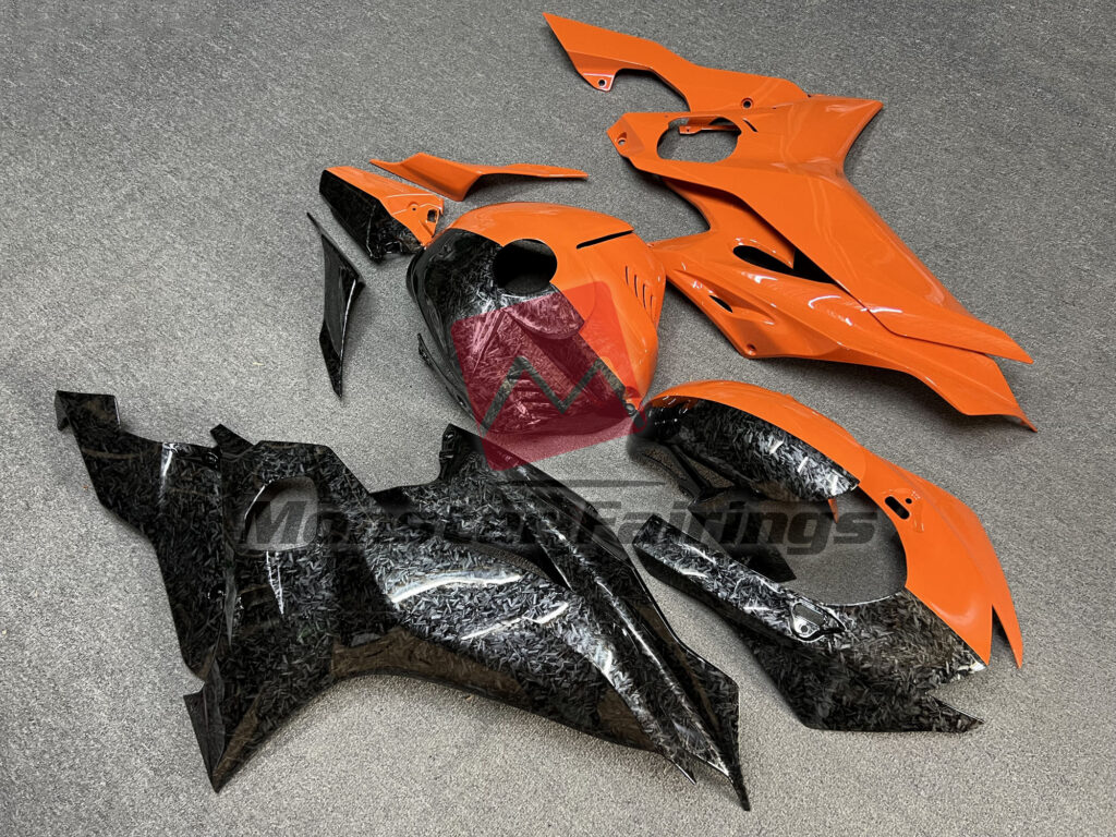 2017 - 2022 Yamaha R6 Gloss Forged Carbon Fiber & Orange Split fairing set - ABS injection, custom painted by Monster Fairings