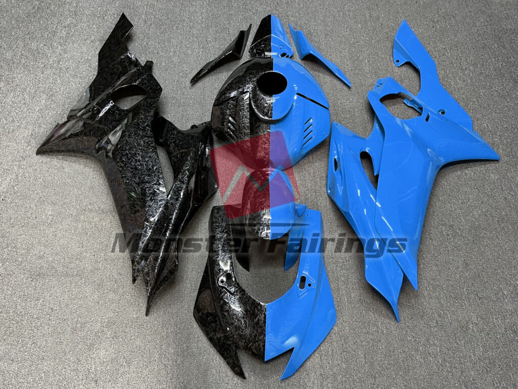 Yamaha R6 2017 - 2022 Gloss Forged Carbon Fiber & Blue Split ABS fairings - custom motorcycle bodywork kit by Monster Fairings