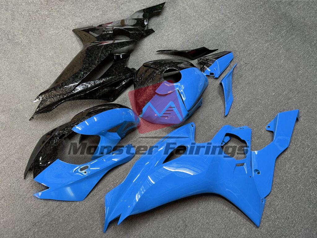 Gloss Forged Carbon Fiber & Blue Split ABS fairings for Yamaha R6 2017 - 2022 - premium OEM fit kit by Monster Fairings