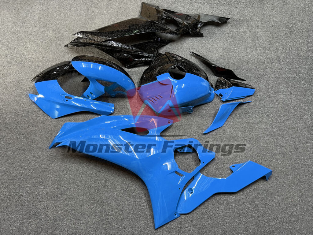 Yamaha R6 custom ABS fairings 2017 - 2022 in Gloss Forged Carbon Fiber & Blue Split - durable replacement kit, Monster Fairings