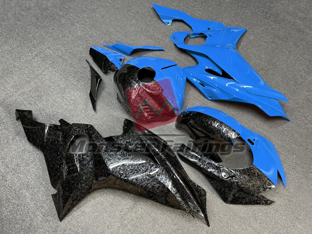 2017 - 2022 Yamaha R6 Gloss Forged Carbon Fiber & Blue Split fairing set - ABS injection, custom painted by Monster Fairings