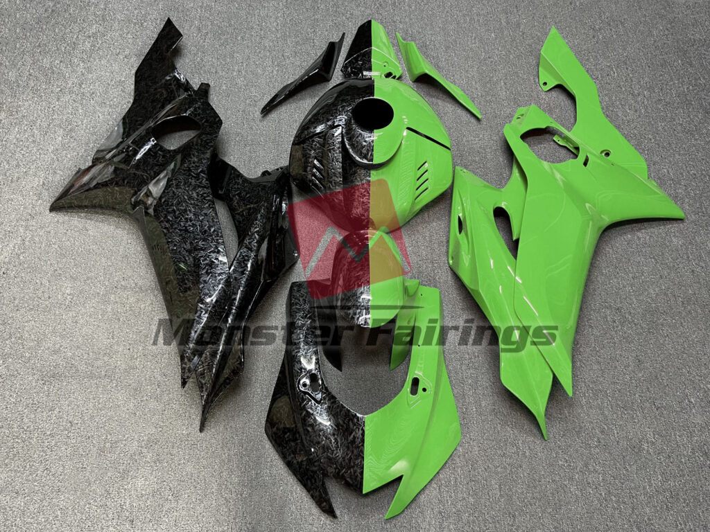 Yamaha R6 2017 - 2022 Gloss Forged Carbon Fiber & Green Split ABS fairings - custom motorcycle bodywork kit by Monster Fairings