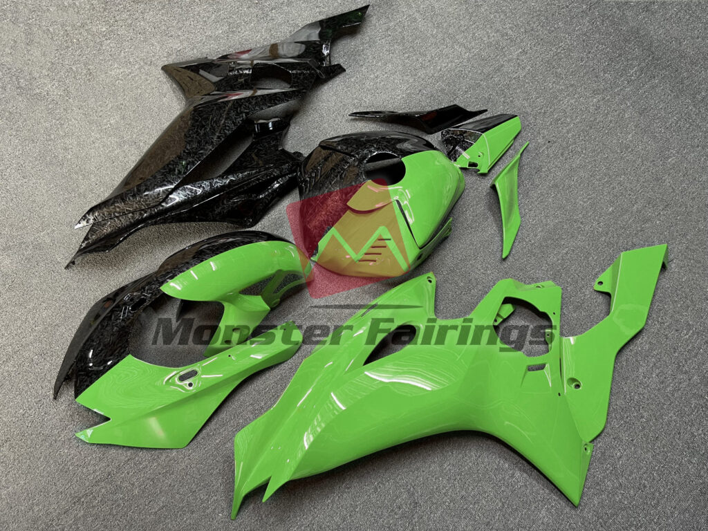 Gloss Forged Carbon Fiber & Green Split ABS fairings for Yamaha R6 2017 - 2022 - premium OEM fit kit by Monster Fairings