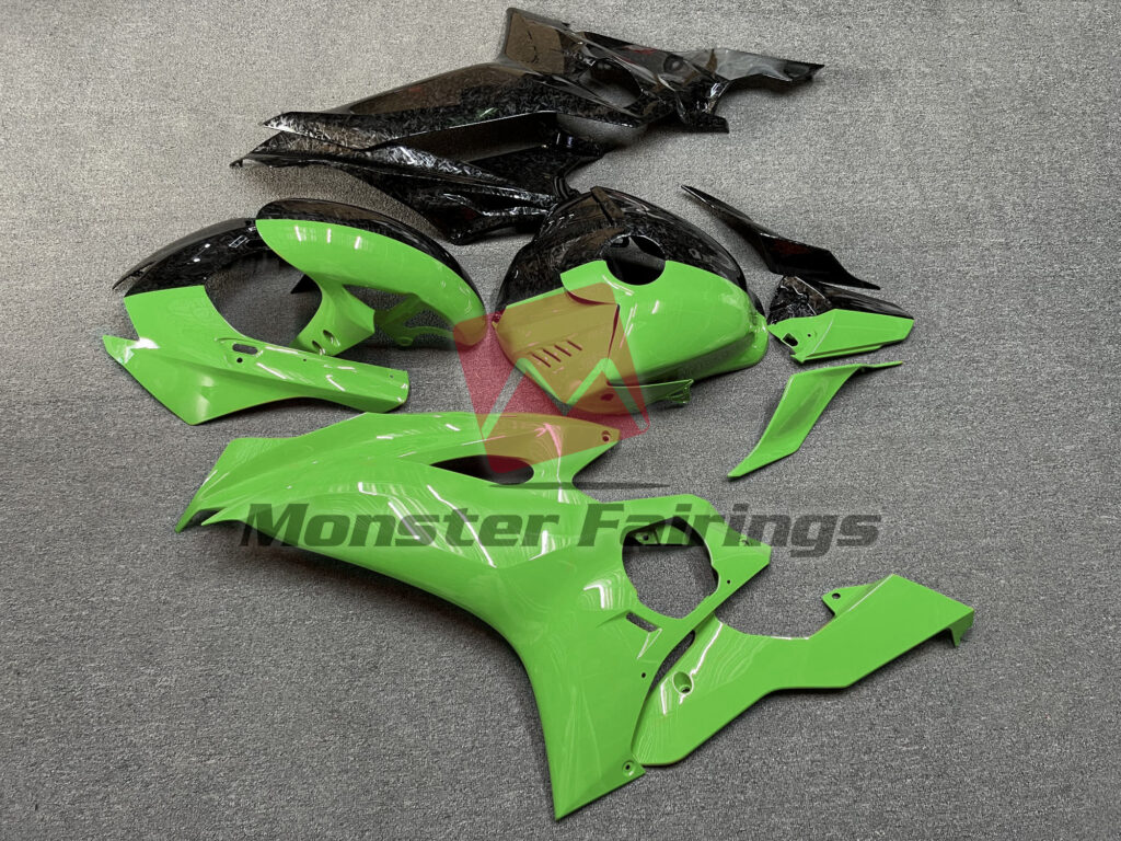 Yamaha R6 custom ABS fairings 2017 - 2022 in Gloss Forged Carbon Fiber & Green Split - durable replacement kit, Monster Fairings