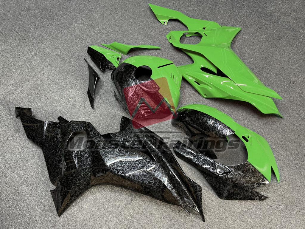 2017 - 2022 Yamaha R6 Gloss Forged Carbon Fiber & Green Split fairing set - ABS injection, custom painted by Monster Fairings