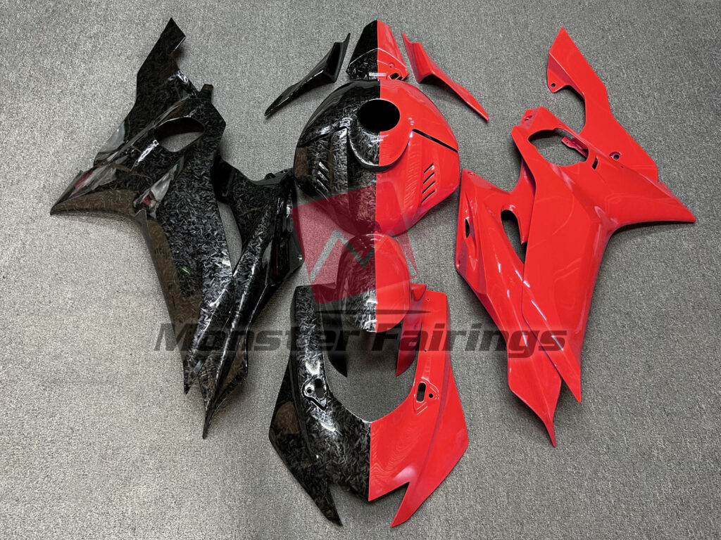 Yamaha R6 2017 - 2022 Gloss Forged Carbon Fiber & Red Split ABS fairings - custom motorcycle bodywork kit by Monster Fairings