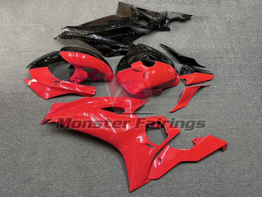 Yamaha R6 custom ABS fairings 2017 - 2022 in Gloss Forged Carbon Fiber & Red Split - durable replacement kit, Monster Fairings