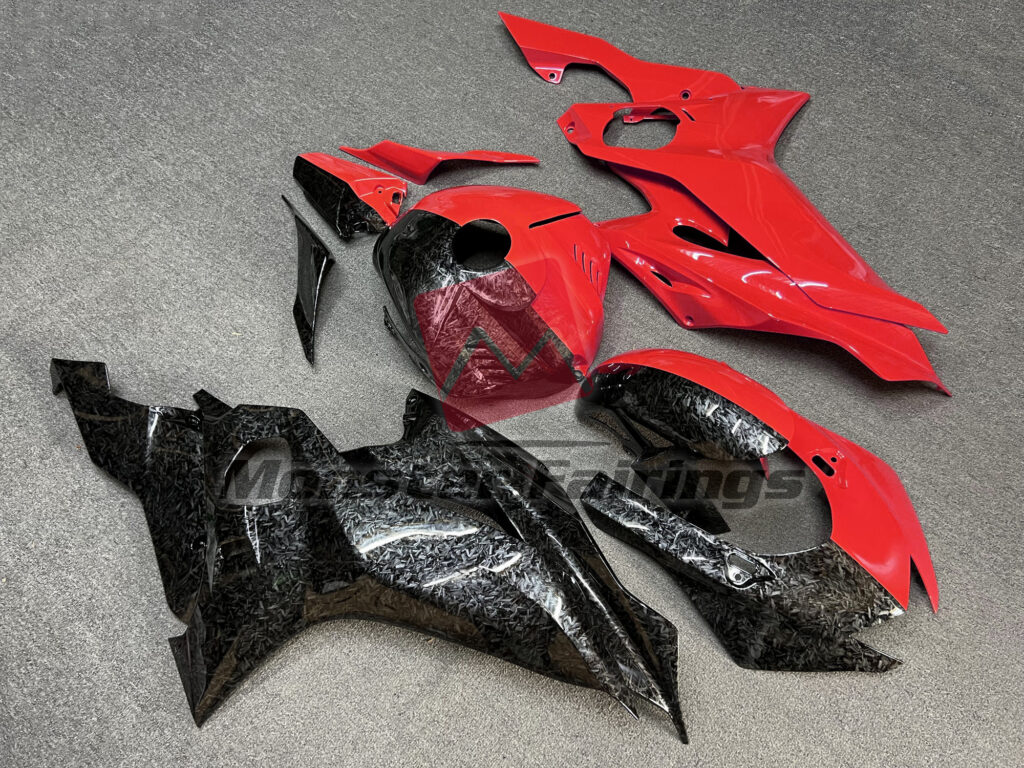 2017 - 2022 Yamaha R6 Gloss Forged Carbon Fiber & Red Split fairing set - ABS injection, custom painted by Monster Fairings