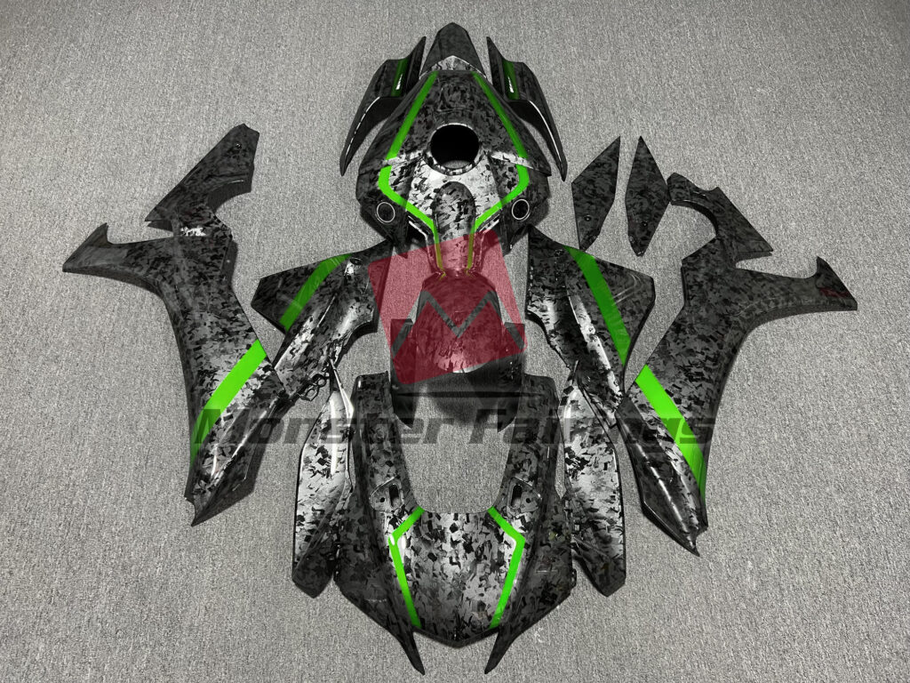Yamaha R1 2020 - 2025 Gloss Forged Carbon Fiber with Green Stripes ABS fairings - custom motorcycle bodywork kit by Monster Fairings