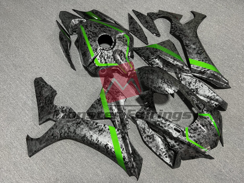 Gloss Forged Carbon Fiber with Green Stripes ABS fairings for Yamaha R1 2020 - 2025 - premium OEM fit kit by Monster Fairings
