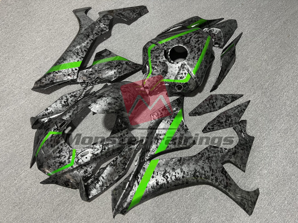 Yamaha R1 custom ABS fairings 2020 - 2025 in Gloss Forged Carbon Fiber with Green Stripes - durable replacement kit, Monster Fairings