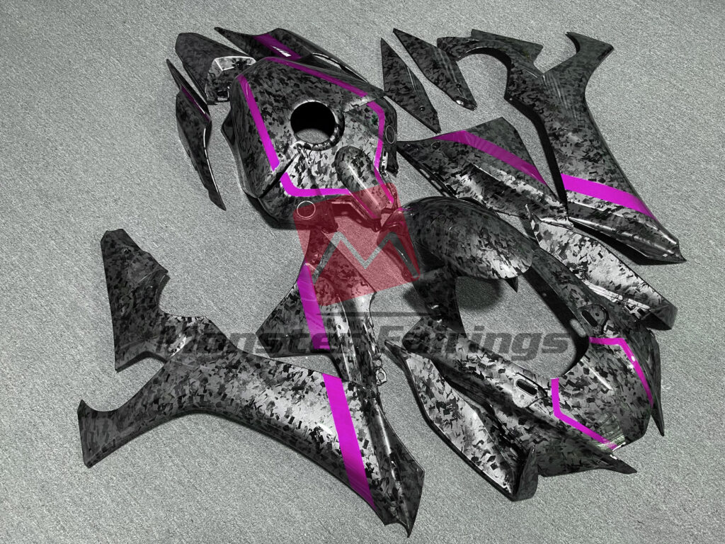 Gloss Forged Carbon Fiber with Pink Stripes ABS fairings for Yamaha R1 2020 - 2025 - premium OEM fit kit by Monster Fairings