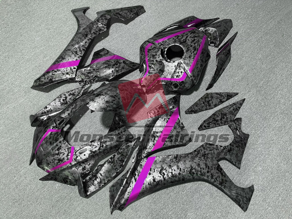 Yamaha R1 custom ABS fairings 2020 - 2025 in Gloss Forged Carbon Fiber with Pink Stripes - durable replacement kit, Monster Fairings