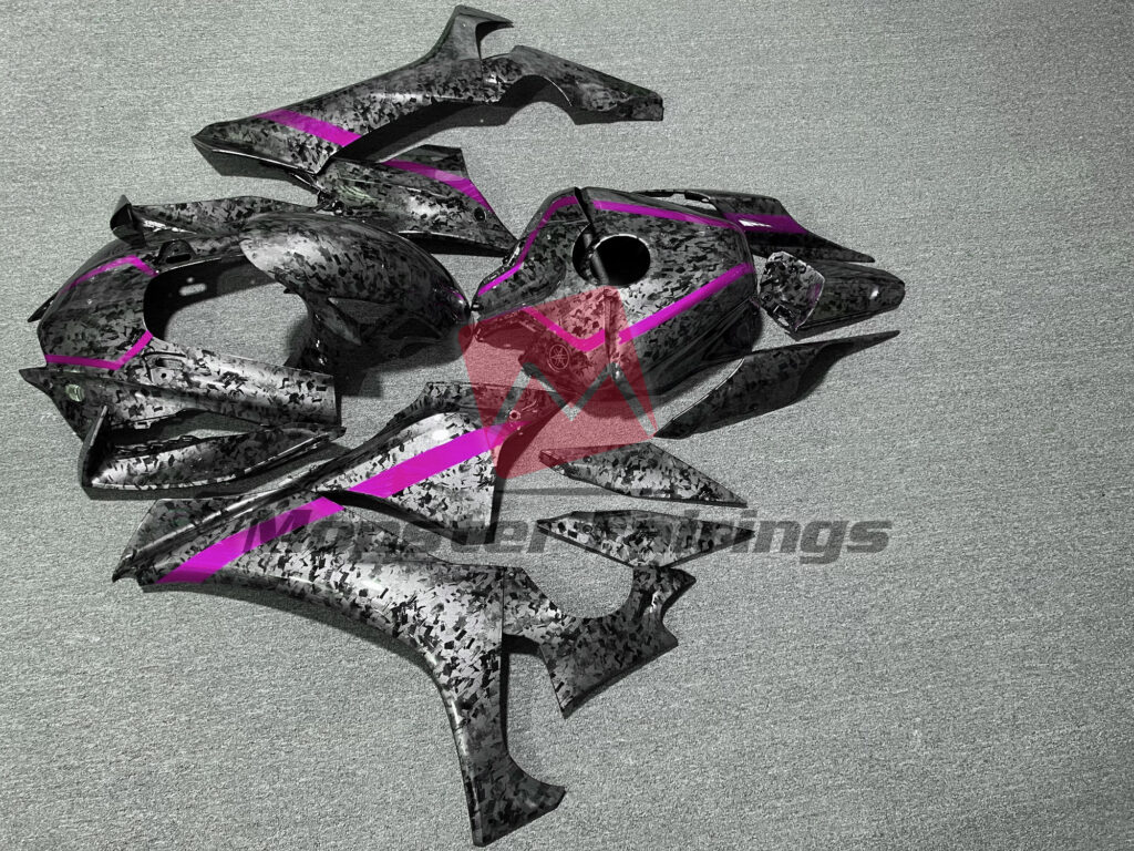 2020 - 2025 Yamaha R1 Gloss Forged Carbon Fiber with Pink Stripes fairing set - ABS injection, custom painted by Monster Fairings