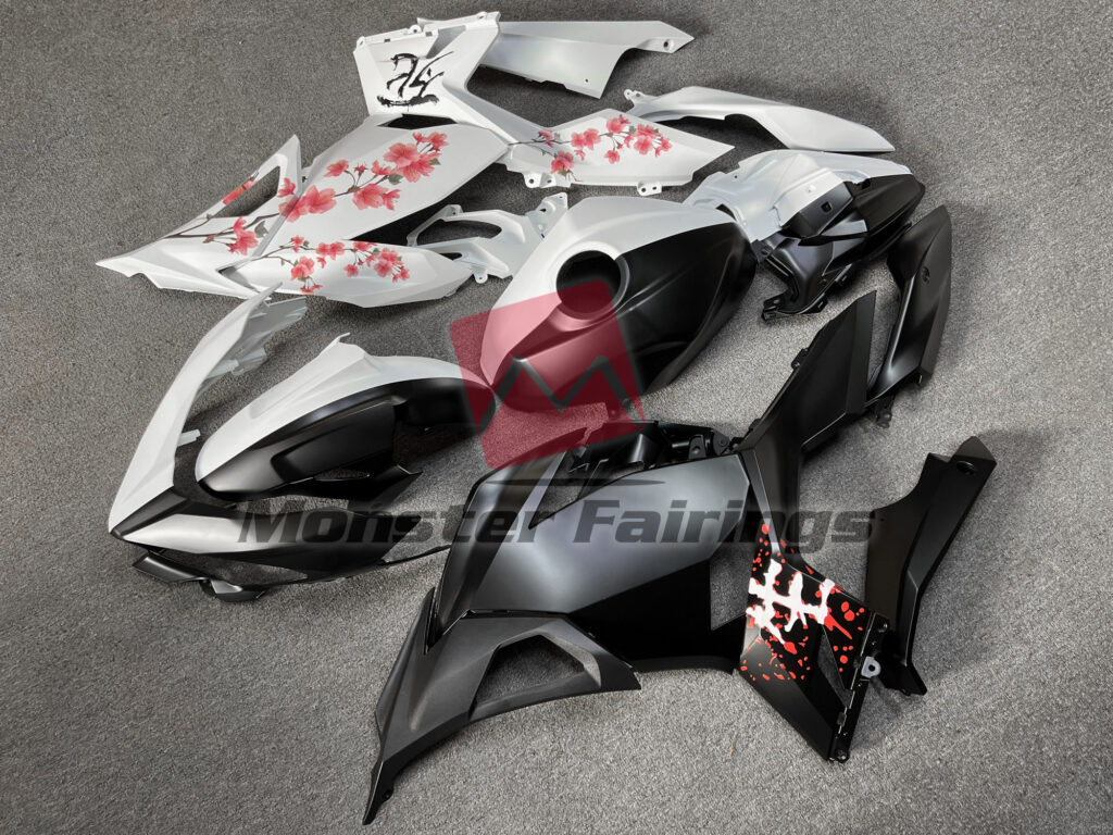 2018 - 2024 Kawasaki Ninja 400 Matte Black & White Cherry Blossom Split fairing set - ABS injection, custom painted by Monster Fairings