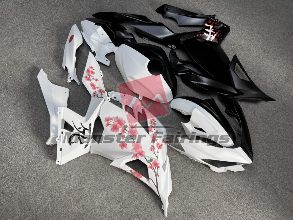 Kawasaki Ninja 400 2018 - 2024 ABS fairings, Matte Black & White Cherry Blossom Split - high - quality motorcycle kit by Monster Fairings