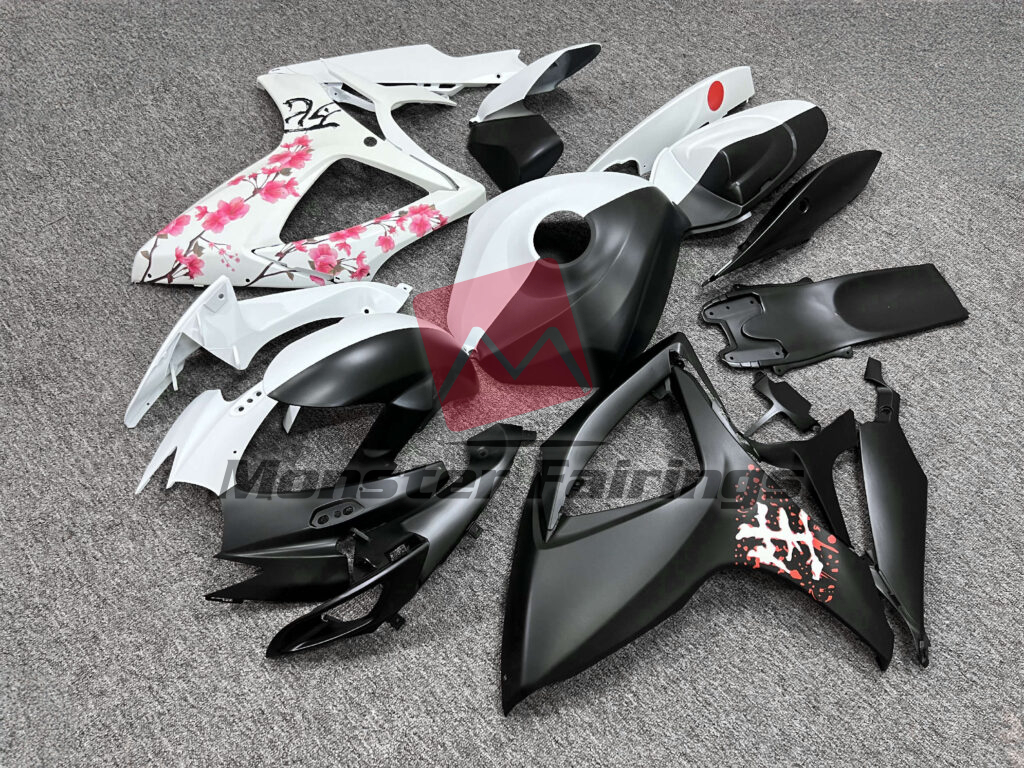 Matte Black & White Cherry Blossom Split ABS fairings for Suzuki GSXR 600 - 750 2006 - 2007 - premium OEM fit kit by Monster Fairings