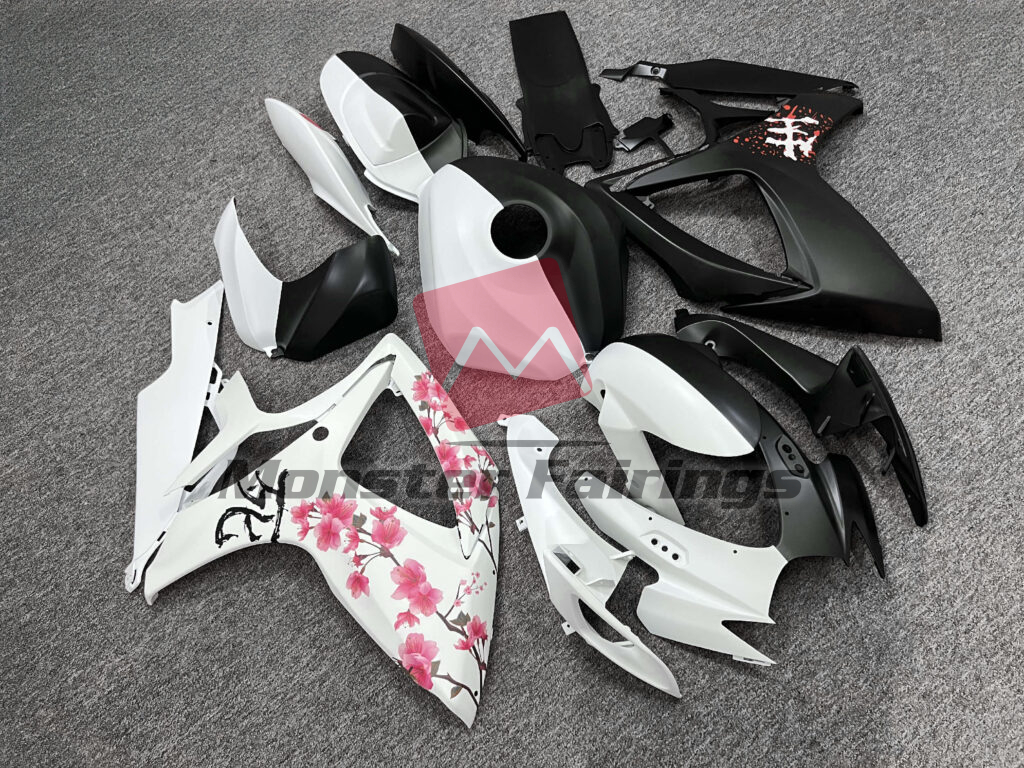 Suzuki GSXR custom ABS fairings 2006 - 2007 in Matte Black & White Cherry Blossom Split - durable replacement kit, Monster Fairings