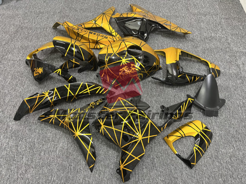 2009 - 2012 Honda CBR600RR Gloss Black & Gold Pattern Split fairing set - ABS injection, custom painted by Monster Fairings
