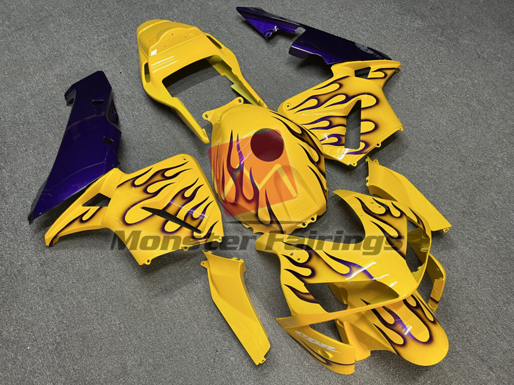 Honda CBR600RR custom ABS fairings 2003 - 2004 in Gloss Yellow with Purple Flames - durable replacement kit, Monster Fairings