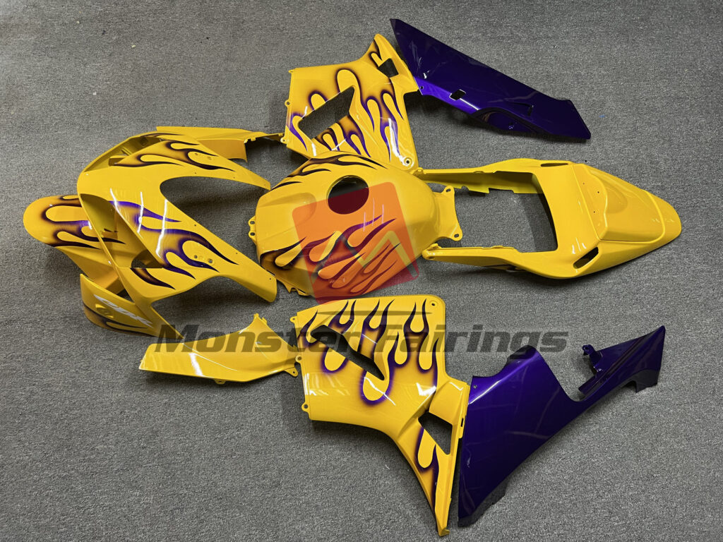 2003 - 2004 Honda CBR600RR Gloss Yellow with Purple Flames fairing set - ABS injection, custom painted by Monster Fairings