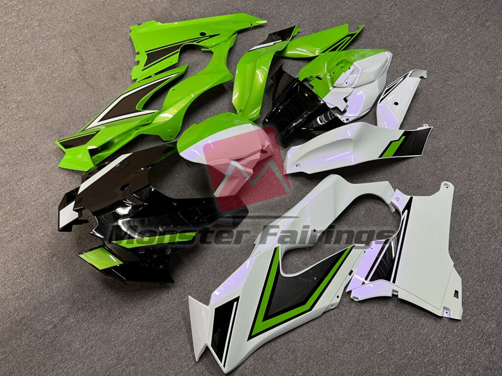 Kawasaki ZX10R custom ABS fairings 2021 - 2025 in Gloss Pearl Green & White with Gloss Black Split - durable replacement kit, Monster Fairings