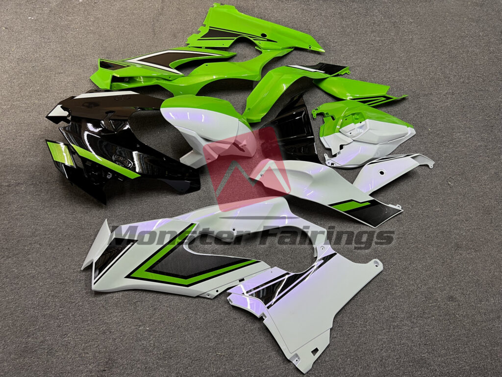 2021 - 2025 Kawasaki ZX10R Gloss Pearl Green & White with Gloss Black Split fairing set - ABS injection, custom painted by Monster Fairings