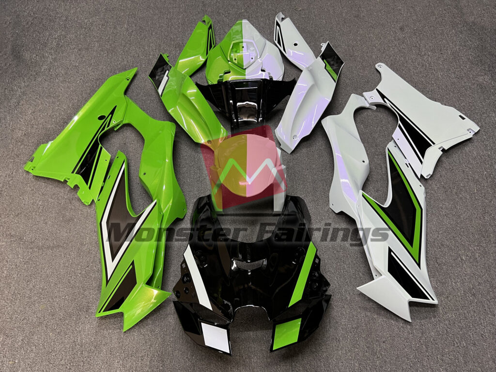 Kawasaki ZX10R 2021 - 2025 Gloss Pearl Green & White with Gloss Black Split ABS fairings - custom motorcycle bodywork kit by Monster Fairings