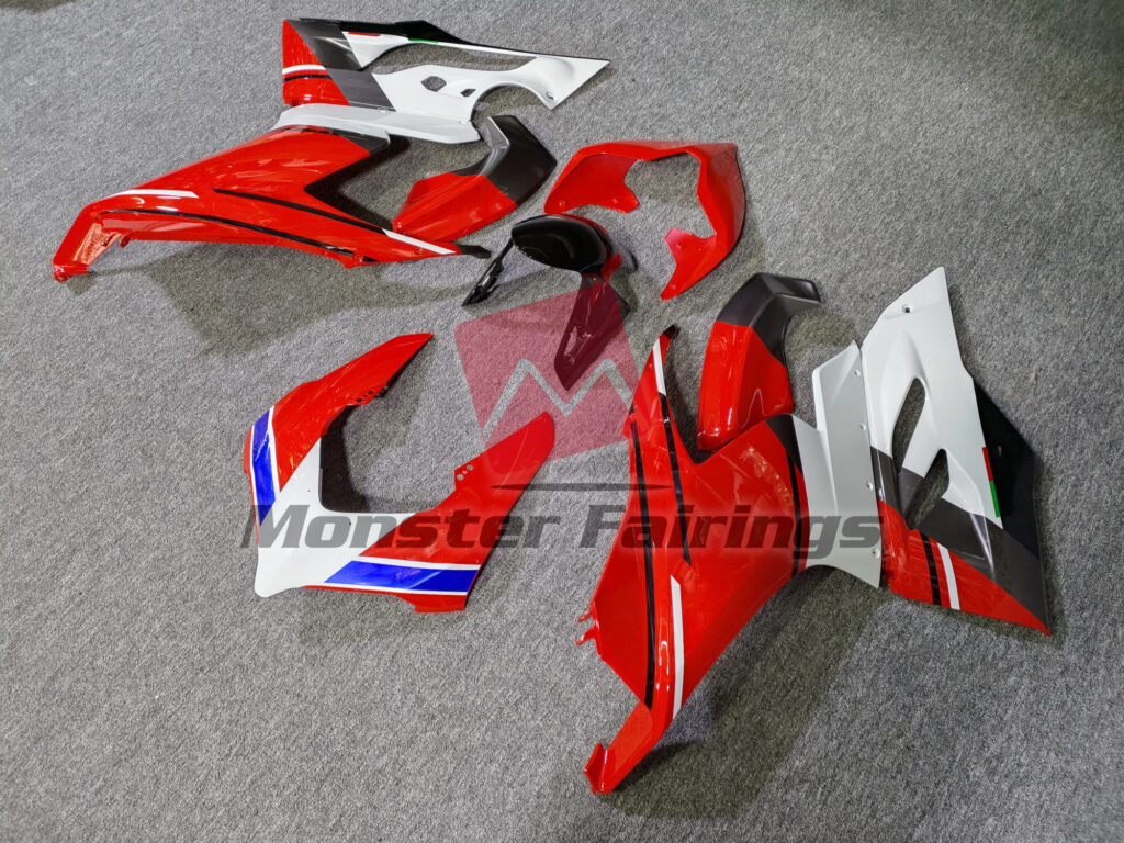 Ducati Panigale V2 custom ABS fairings 2020 - 2024 in Gloss Red with White & Black - durable replacement kit, Monster Fairings