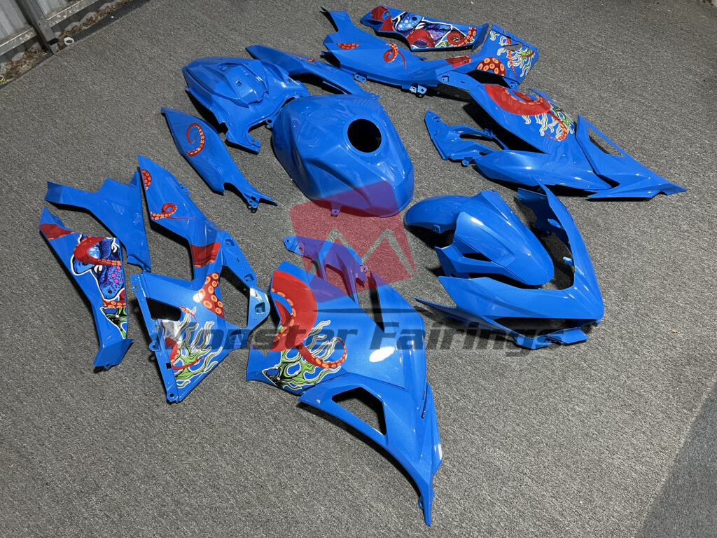 Kawasaki Ninja 400 custom ABS fairings 2018 - 2024 in Gloss Reef Blue Special Design - durable replacement kit, Monster Fairings