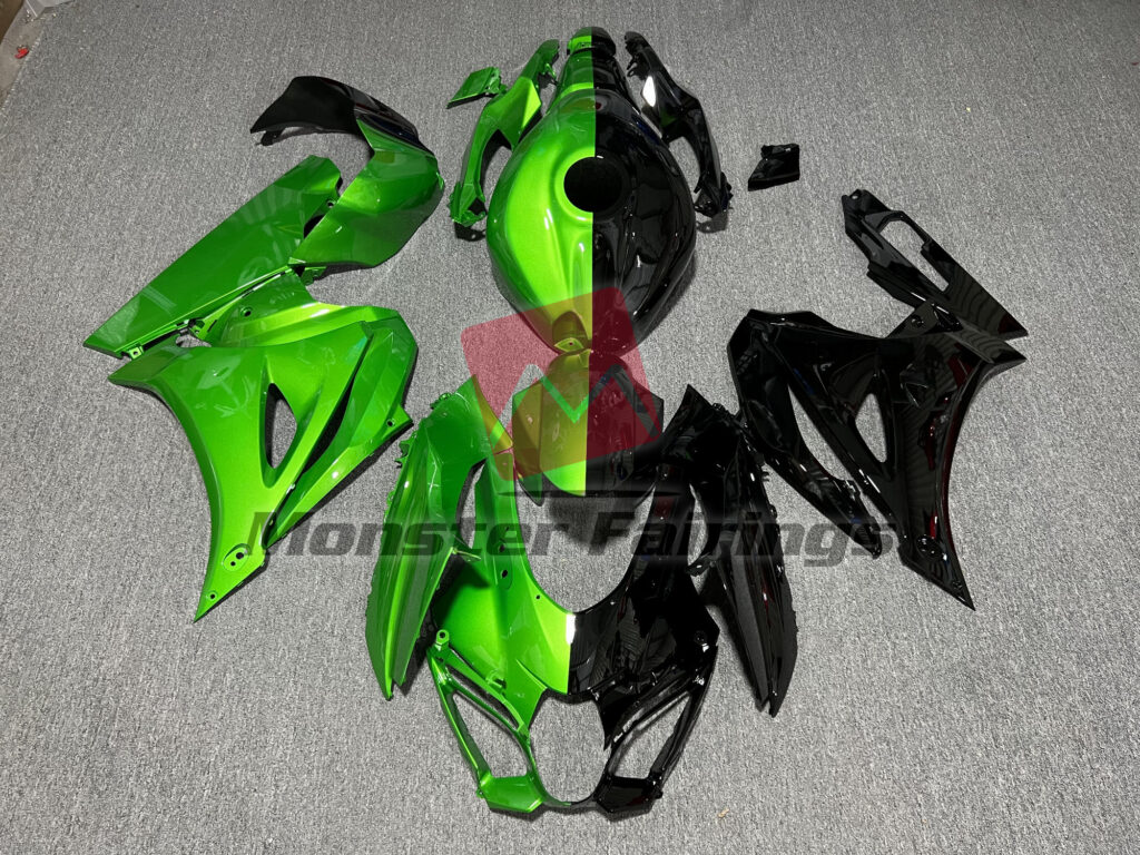 Suzuki GSXR 1000 2017 - 2025 Gloss Green & Black Split ABS fairings - custom motorcycle bodywork kit by Monster Fairings