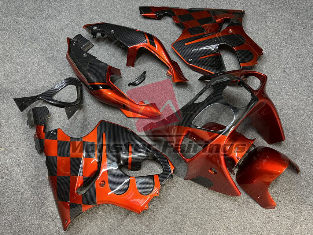 Kawasaki ZX7R custom ABS fairings 1996 - 2003 in Gloss Carbon Fiber Style & Orange - durable replacement kit, Monster Fairings
