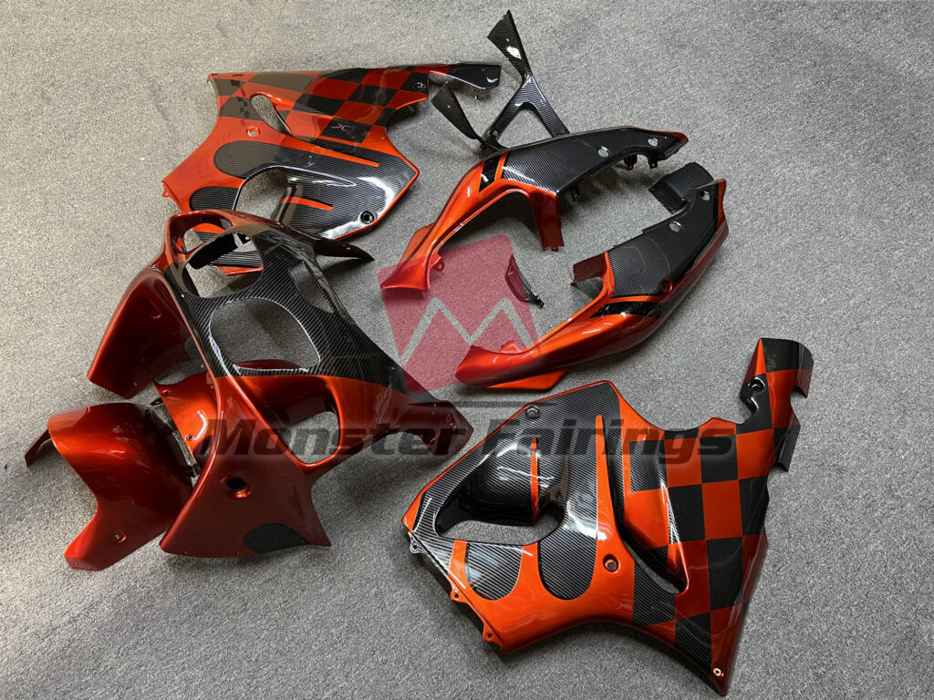 Gloss Carbon Fiber Style & Orange ABS fairings for Kawasaki ZX7R 1996 - 2003 - premium OEM fit kit by Monster Fairings