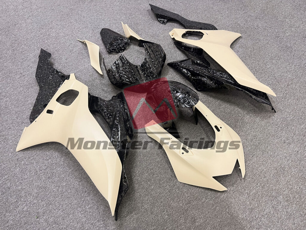 Matte Tan with Gloss Forged Carbon Fiber Style ABS fairings for Yamaha R6 2017 - 2022 - premium OEM fit kit by Monster Fairings